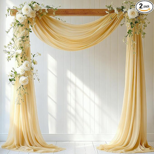 Wedding Arch Draping Fabric, 31.5" x 20FT Wrinkle-Free Sheer Chiffon Drapery for Ceremony Backdrop, Arbor, Pergola, Church Cross, Photo Booth, Baby Shower & Home Decor, 2-Pack, Champagne