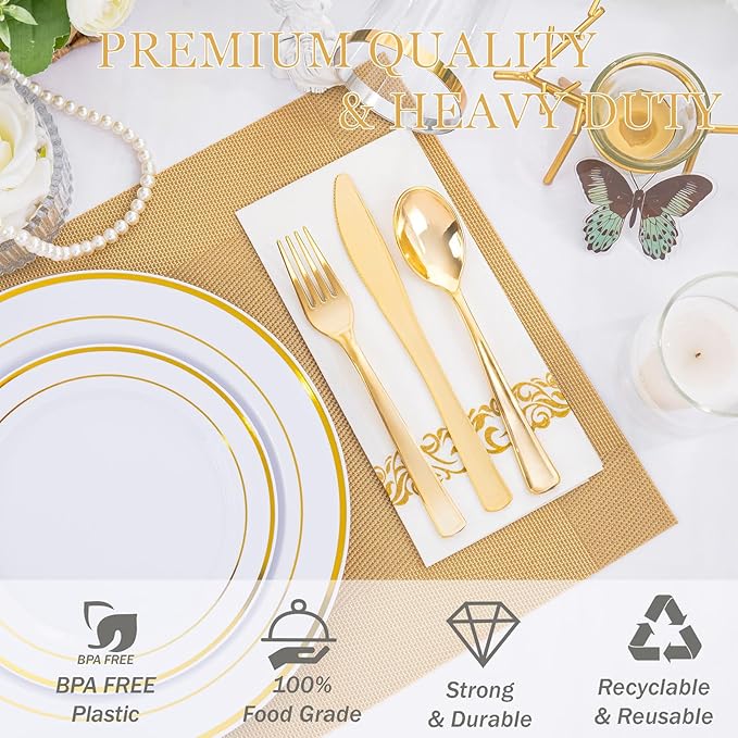 Supernal 200pcs Gold Plastic Dinnerware included 25 Party Dinner Plates 25 Dessert Plates 25 Disposable Cups and 25 Paper Napkins Disposable 25 Spoons 25 Knives 50 Forks for Party and Wedding