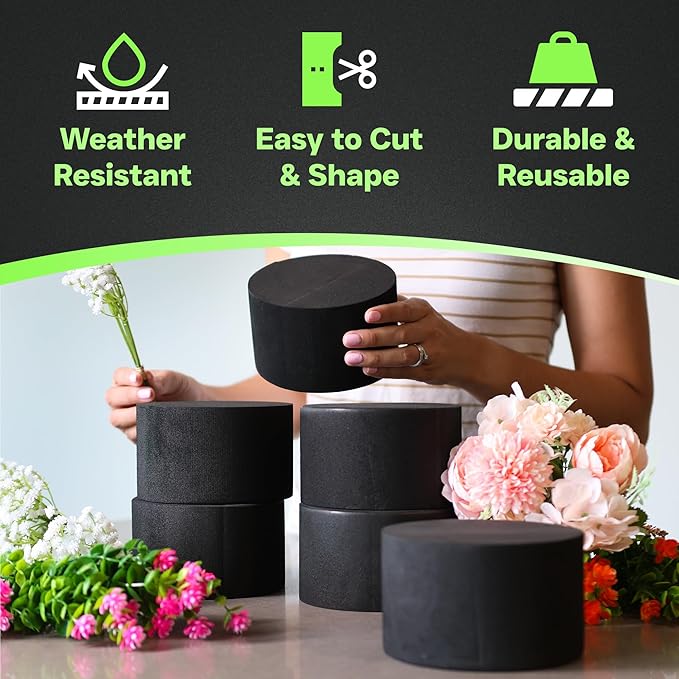XCEL Floral Foam Blocks - Reusable, Weather Resistant Craft Foam Fresh & Artificial Flower Arrangements, Faux Florist Foam Planters Florist Supplies (Black 5" Round x 3" Thick - 6 Pack)