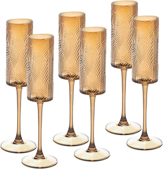 6 Pieces Amber Champagne Flutes,6 OZ Twill Pattern Striped Vintage Stem Glasses Stemware Wine Glasses Champagne Long Stem Drinking Colored Glasses Goblets for Wedding Cocktail Cups,Cava, Prosecco