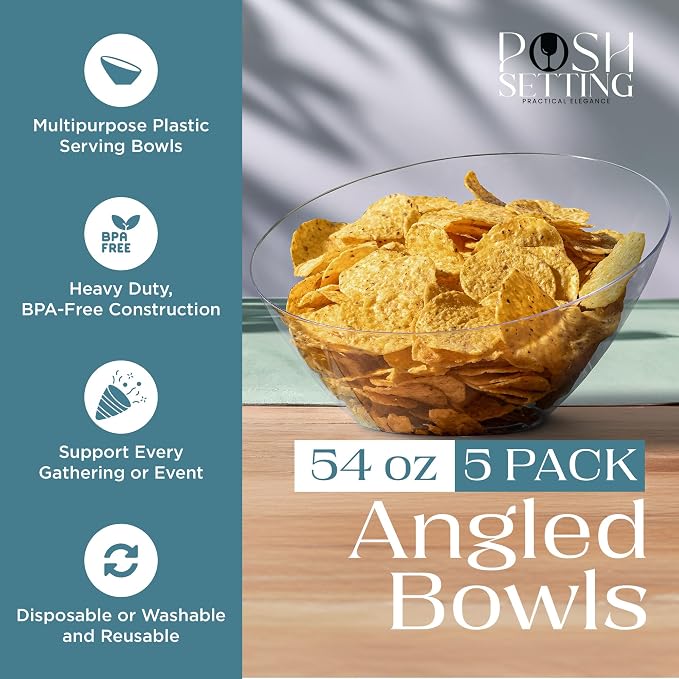 Posh Setting - Clear Plastic Serving Bowls for Party Angled Bowls Disposable Chip Bowls Candy Bowls for Party Table Salad and Fruit Bowls for Wedding Serving Bowls-Clear, 54 OZ, 5 Pack