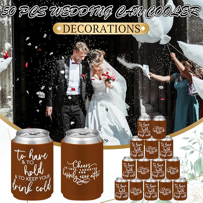 Qinyoung 50 Pieces Chocolate Wedding Can Cooler Sleeves Bulk Engagement Party Favors for Guests Cheers to Love Laughter and Happily Ever After Rehearsal Dinner Decorations for Wedding Bridal