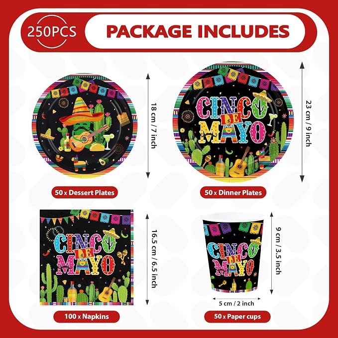 250Pcs Cinco De Mayo Decorations Mexican Fiesta Plates and Napkins Black Mexico Taco Fiesta Decorations Favors for Mexican Cinco De Mayo Festive Party Supplies Serves 50
