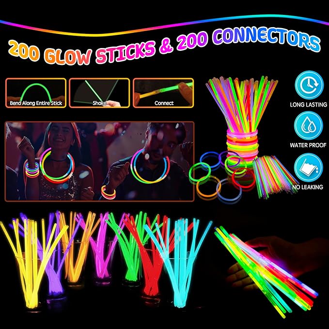 248PCS Glow in the Dark Party Supplies, Party Pack Bulk , 16PCS Foam Glow Sticks & LED Glasses, 16PCS LED Light Up Rings and 200PCS Glow Sticks for Neon Party Decorations, halloween party favors