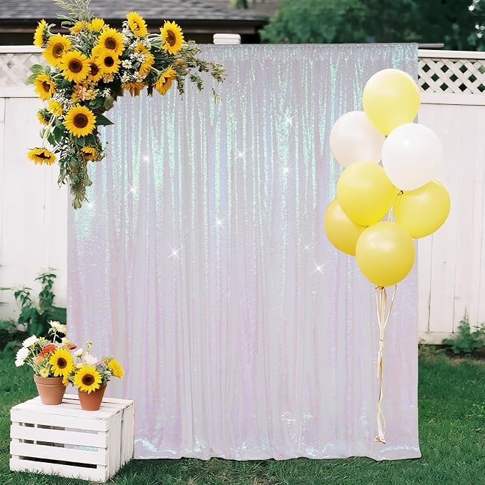 SquarePie 6x8ft Iridescent Sequin Backdrop for Photography, Satin-Backed Real Sequin Curtain, Enhanced Coverage Shimmering Background with 4" Rod Pocket for Wedding, Birthday, Party Decor, 1 Panel