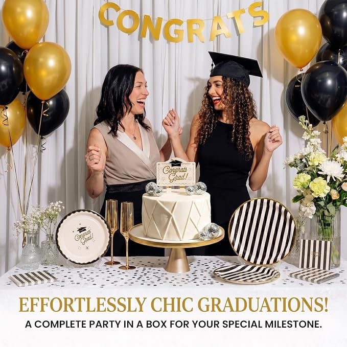 Graduation Celebration, Stylish Tableware Set for 8 Guests – Black/White