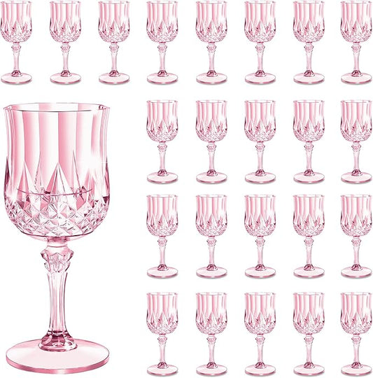 24PCS 7oz Plastic Wine Glasses Drinking Unbreakable Glassware Goblets Cups Pink Water Reusable Vintage Champagne Flutes for Valentine’s Day, Parties, Wedding (24, Pink)