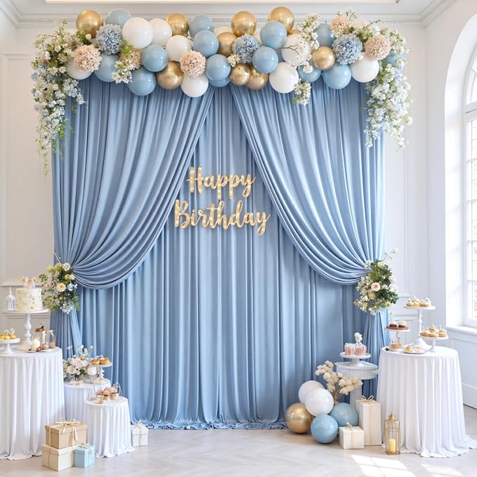 10ftx12ft Wrinkle Free Dusty Blue Backdrop Curtain, 2 Panels 12FT Height Wedding Backdrop Drapes, Silky Polyester Back Drop Cloth for Birthday Photography Background Party Backdrop Draping