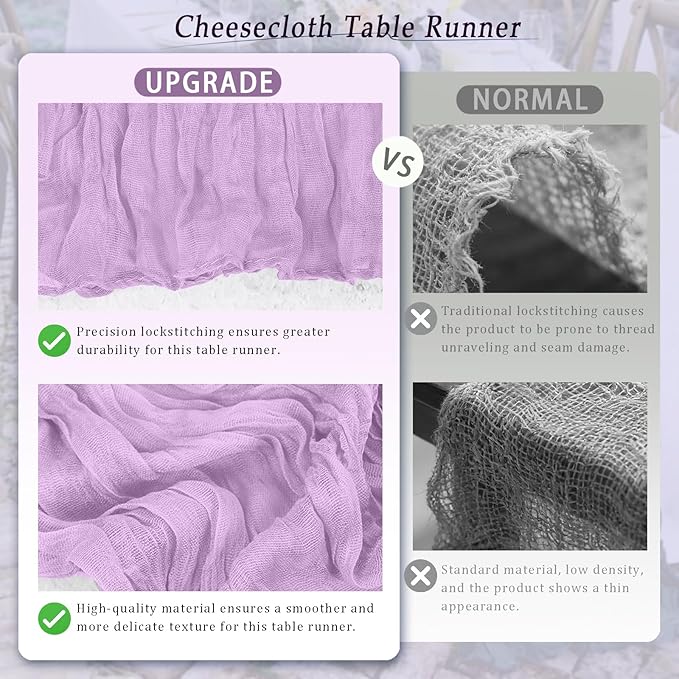 10 Pack Lavender Cheesecloth Table Runner 17x108 Inch Semi Sheer Boho Rustic Gauze Cheese Cloth Table Runners for Wedding Party Birthday Baby Shower Home Décor