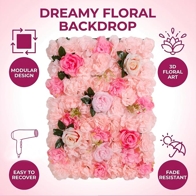 3D Flower Wall Backdrop 6 Pack, 24x16 Inch Soft Pink Artificial Rose Panels for Wedding, Party, Photo Studio, Home & Fence Decor