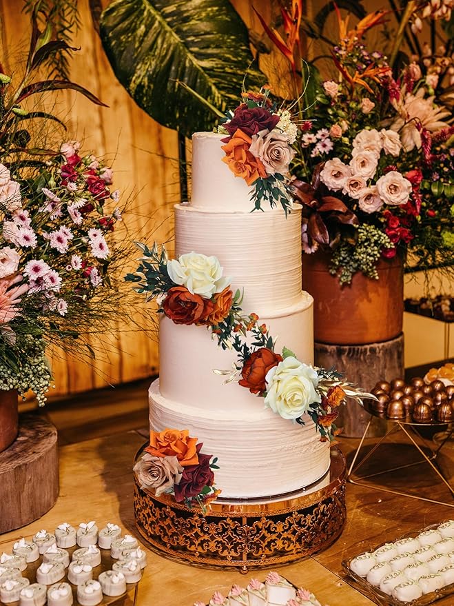 Rinlong 3Pcs Cake Flowers Cake Toppers Terracotta Artificial Flowers for Cake Decor Burnt Orange Fall Wedding Cake Decorating Flowers for Baby Shower Birthday