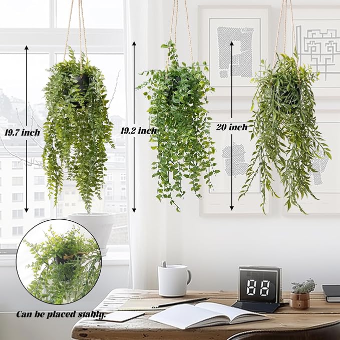 3 Packs 20" Fake Hanging Plants with Black Pots for Wall Decor | Artificial Hanging Plants, Indoor/Outdoor Use, for Home Bathroom Bedroom Office Decor, Easy to Clean, Lifelike Appearance