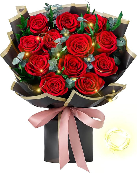 Mosstory 12 Red Preserved Roses Bouquet Flower Bouquet with Led Lights Gift for Women Wife Mother Day Birthday Wedding Anniversary (Black)
