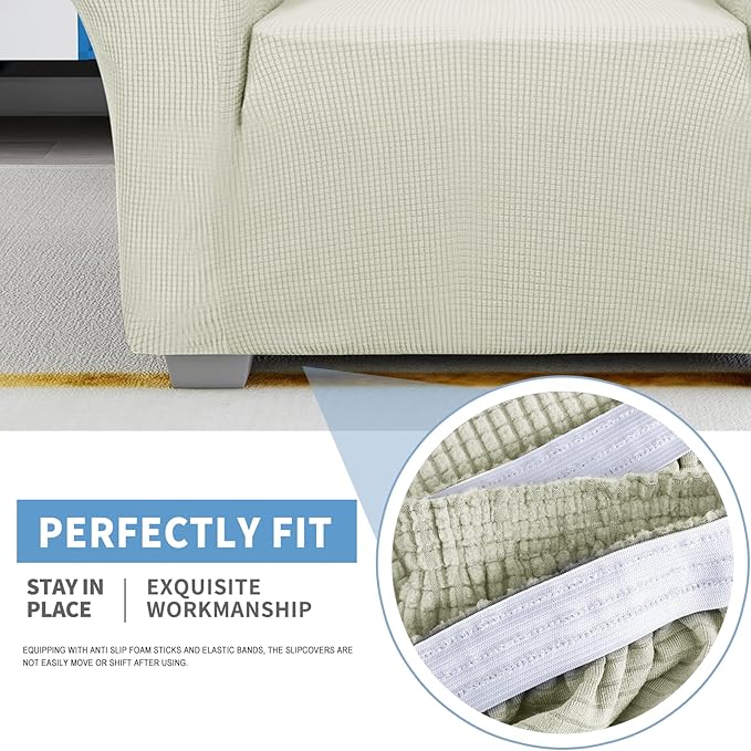 JIVINER High Stretch Loveseat Sofa Slipcovers 1-Piece Jacquard Couch Covers for 2 Cushion Couch Furniture Protector Washable Sofa Covers for Kids Pets Small Checks (Loveseat, Natural)
