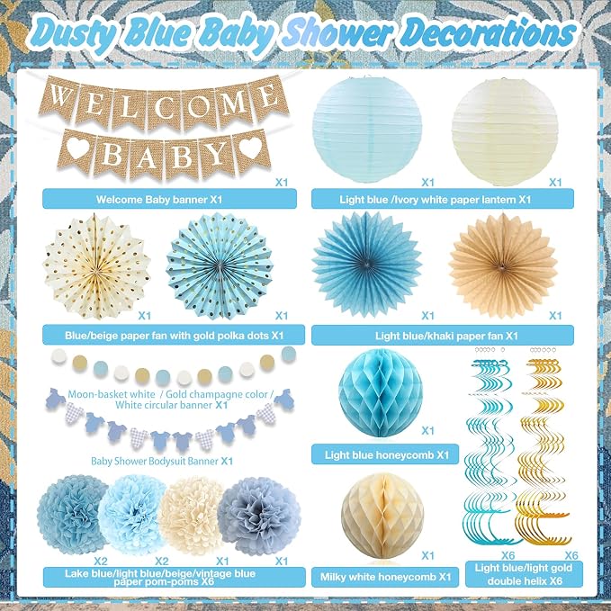 Baby Shower Decorations Kit, Welcome Baby Banner with Dusty Blue Paper Lanterns, Tissue Pom Poms, Honeycomb Balls, Clothes Banner Garland for Boho Baby Boy Shower Party Decorations