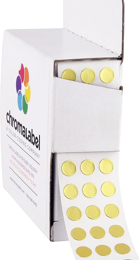 ChromaLabel 1/4 Inch Circle Sticker Labels, High Visibility Colored Dot Stickers with Handy Dispenser, Round Color Coding Labels - 1000 Sticky Dots, Metallic Gold Stickers