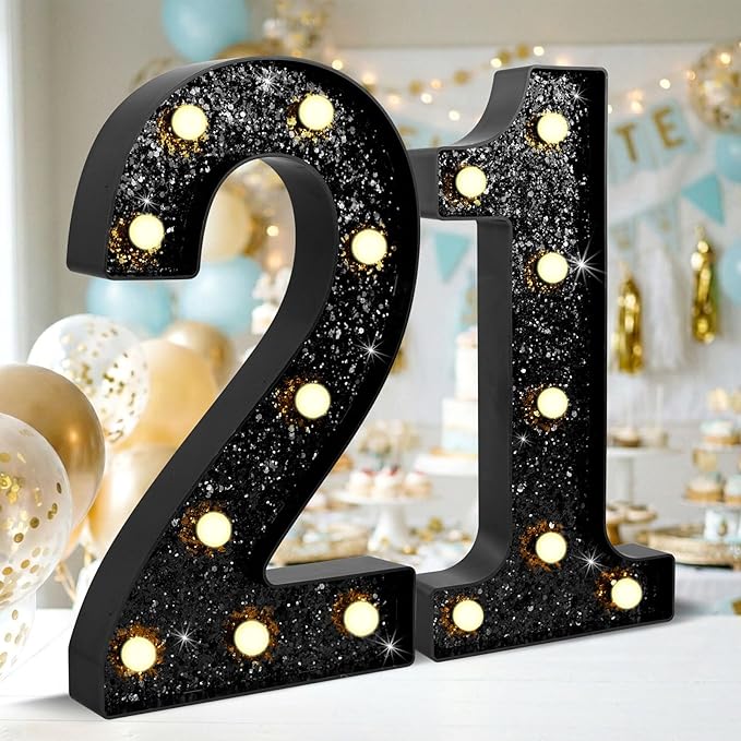 12.6 Inch LED Black Marquee Light Up Numbers, 21st Birthday Decorations Number Lights as Gifts for Women Men, Glitter Lighted Marquee Numbers for Black Anniversary Party Table Decor, 21