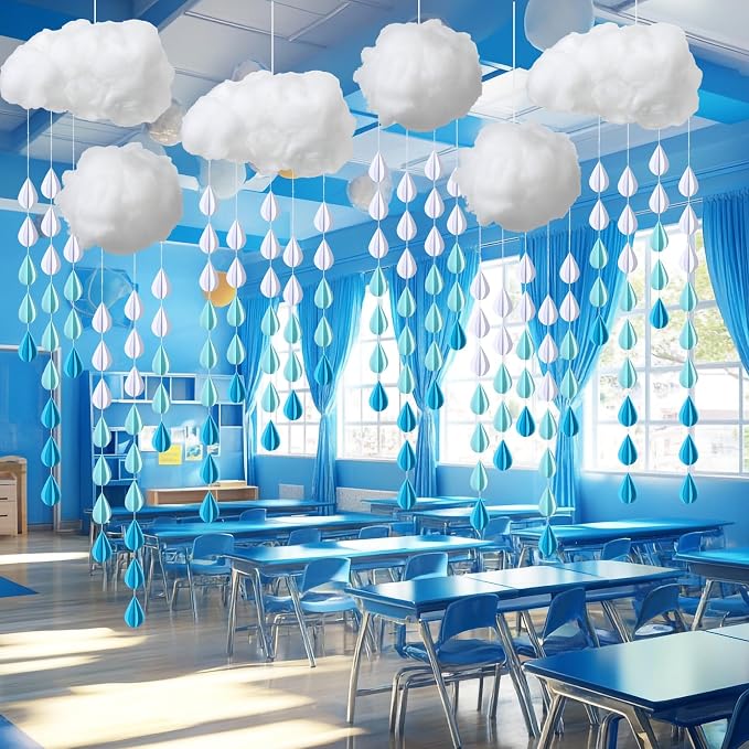 Amyhill 30 Pcs Artificial Cloud Raindrop Props 6 Pcs 3D Fake Clouds 24 Raindrop Garlands Room DIY Decorative Hanging Ornament Blue Hanging Rain Drops Decor for Baby Shower Birthday Wedding Party