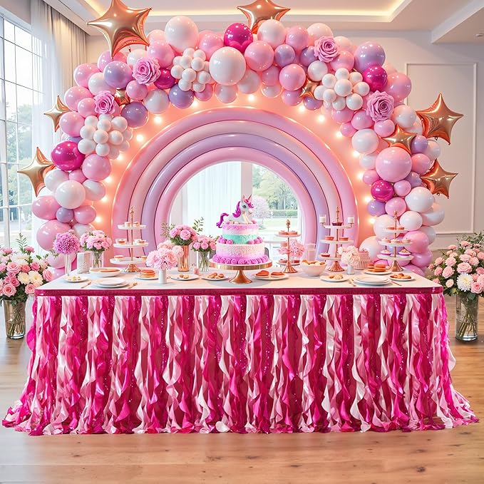 Wish Care 17ft Pink Sequin Table Skirt for Rectangle Tables Glitter Curly Willow Fuchsia Tutu Skirt Ruffle Table Cloth Desk Skirts for Princess Girls Birthday Baby Shower Party Cake Table Decorations