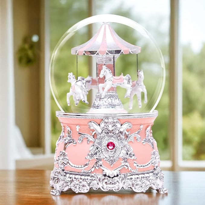 Luxury Silver Carousel Music Box,Carousel Figurine Snow Globe,Elegant Wedding, Romantic Home Décor,Collectible,Anniversary,Birthday, Idea,Plays Castle in the Sky Tune