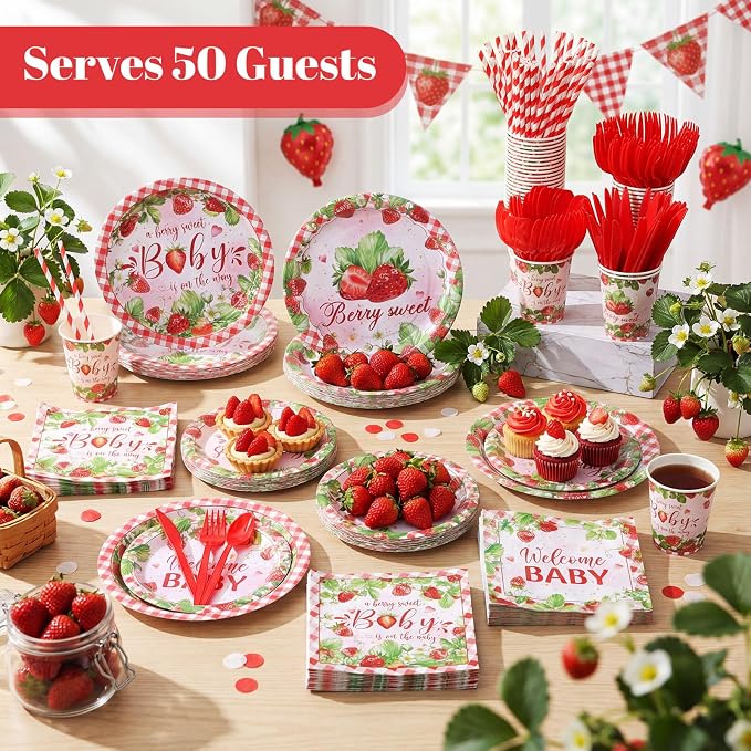 450 Pcs Strawberry Baby Shower Tableware Set Decorations A Berry Sweet Baby Paper Plates Napkins Cups Cutlery Straws for Berry Gender Reveal Birthday Party Supplies, Serves 50