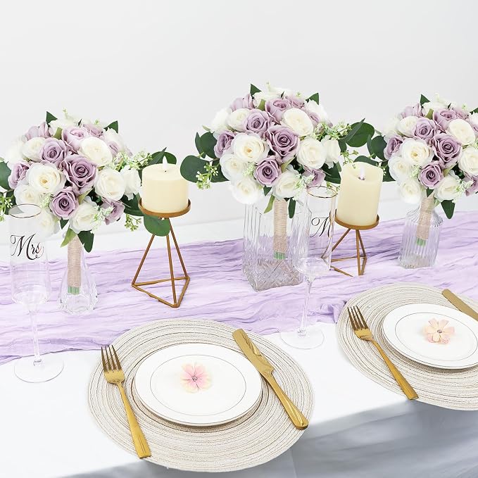 Set of 2 Bridesmaid Bouquets for Wedding - 7 Inch Artificial Ivory Flower Bouquet for Party Ceremony Anniversary Dinning Table Centerpieces Decor - Lilac and White