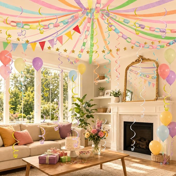 345pcs Pastel Birthday Decoration Fancy Paper Chains Crepe Paper Streamers Pennant Banner Flags Gold Star Garlands Hanging Swirls Pastel Balloons for Wedding Graduation Birthday Baby Shower Decors