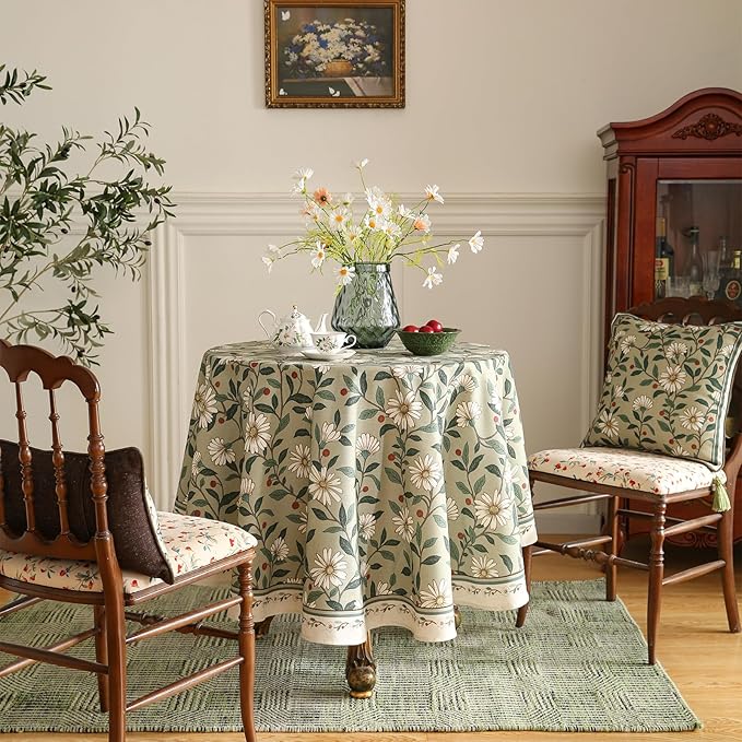 ISAENNE Designer Vintage Linen Green Round Tablecloth,Diameter 55"-Brune | French Elegant Beautiful Table Cloth,Floral Pattern,Heavyweight,Decoration,Dining Room,Tea Party,Kitchen,Thanksgiving