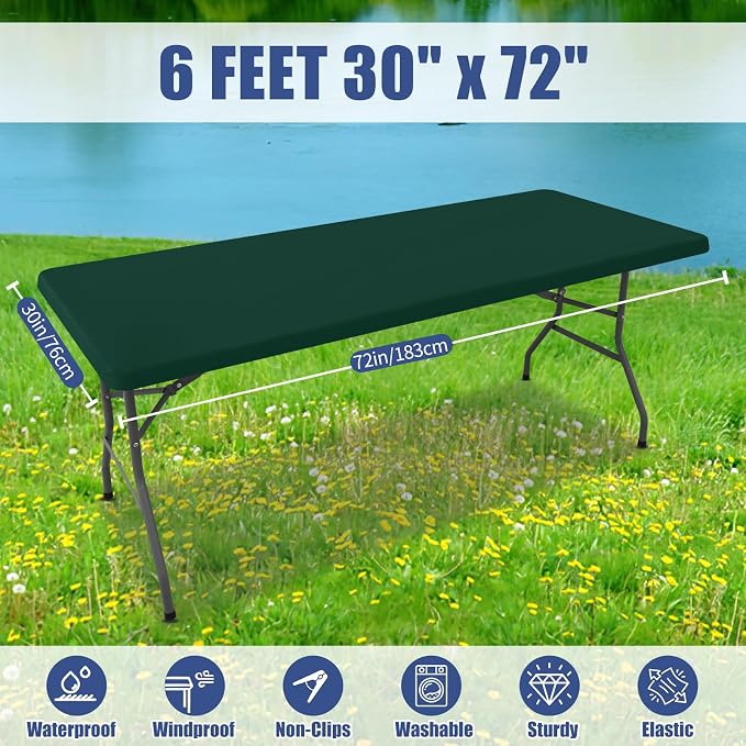 Moosfor Spandex 6 Foot Rectangle Table Cloth 6 Pack, Elastic Fitted Tablecloths for Picnic, Stretch Washable Patio Table Cover for Outdoor, Camping, Banquet and Parties (Hunter Green, 30"x72")