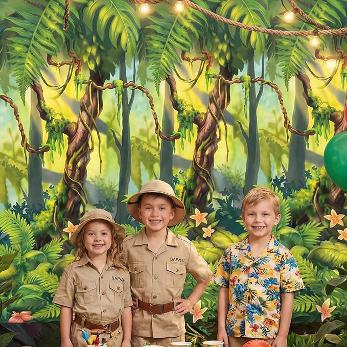 Oudain 54 Inch x 100 ft Rainforest Jungle Trees VBS 2026 Photo Wall Backdrop Tablecloth Roll with Cutter Box, Plastic Tablecloth for Rainforest Greenery Background Tropical Jungle Party Decor