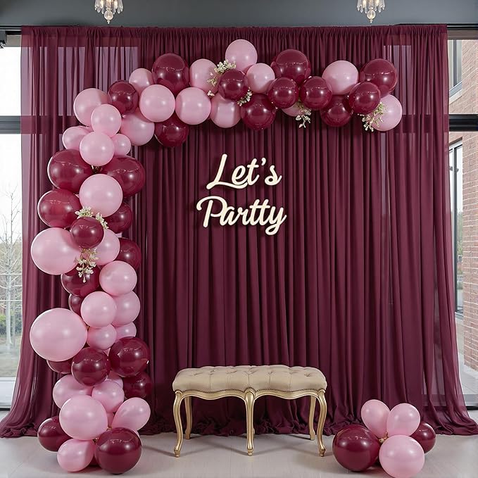 30ft x 10ft Burgundy Backdrop Curtains, Wrinkle-Free Sheer Chiffon Fabric Photo Backdrop Drapes for Wedding Arch Party Ceremony Stage Photography Decorations