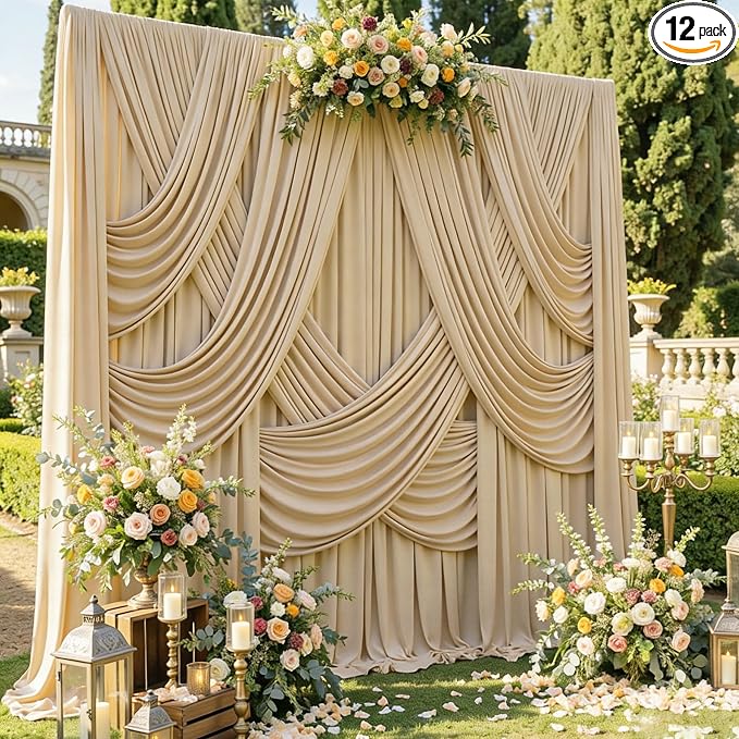 12 Panels 5x12ft Champagne Backdrop Curtains for Parties, Wrinkle Free Polyester Champagne Photo Backdrop Drapes 12 ft Long Back Drop Cloth for Wedding Birthday Photography Background Party
