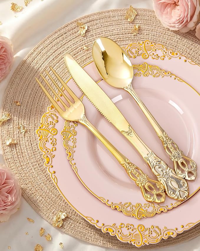 Ciaell 300PCS Pink and Gold Plastic Plates - Pink Disposable Dinnerware Sets for 50 Guests - 100 Plates, 50 Knives, 50 Forks, 50 Spoons, and 50 Napkins for Wedding, Party & Mother's Day