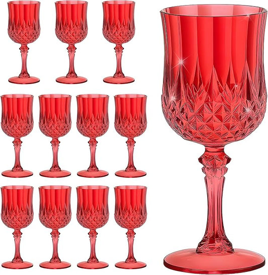 7OZ Plastic Wine Glasses, Reusable Vintage Goblets Unbreakable Drinking Glasses Crystal Water Cups Champagne for Wedding, Parties, Mother's Day (12, Red)