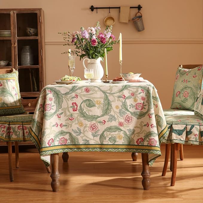 patdrea Vintage French Linen Tablecloth,Rectangular,71"x55"-Cecilia A | Colorful Elegant Table Cloth for Rectangle Table,Floral Vine Patterned,for Dining Room Tea Party Thanksgiving
