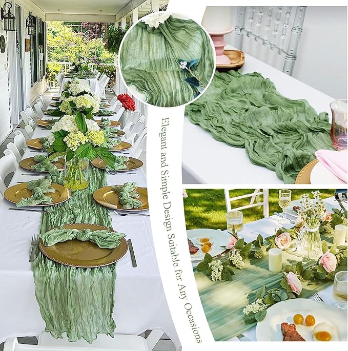 8 Pack Sage Green Cheesecloth Table Runner 10FT Long Boho Gauze Fabric Table Runner Vintage Rustic Sheer Runners for Wedding Party Bridal Baby Shower Table Decorations