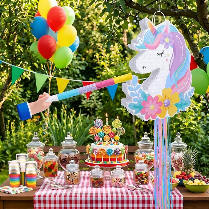 Unicorn Piñata - Unicorn Party Supplies Piñata Bundle with Hair Clip Blindfold and Bat, Pull String Pinata for Birthday Favors Decorations Supplies (16x12x3 Inches)