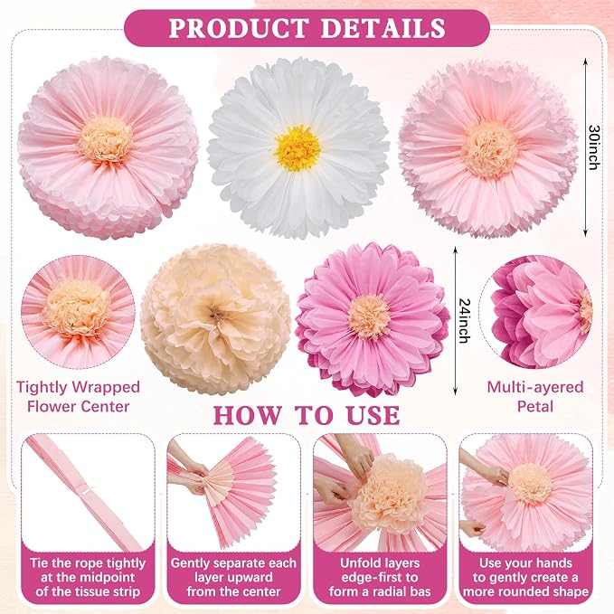 Chunful 5 Pcs 30'' 24'' Pink Giant Tissue Paper Flowers for Back to School Decor Large Hanging Crepe Paper Pom Poms for First Day of School Bulletin Board Welcome Party Decor