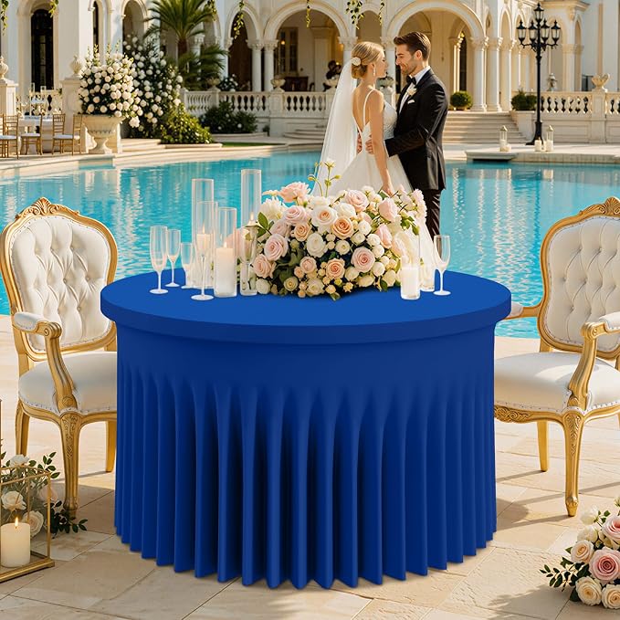 Smiry Round Spandex Tablecloth, Elastic Fitted Washable Tablecloths for 60 Round Tables, Waterpoof Stretch Table Cover Skirt for Outdoor, Wedding, Banquet & Parties, Blue