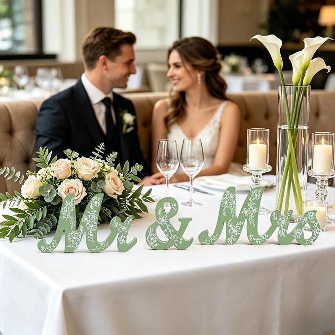 Mr & Mrs Sign for Wedding Table Sage Green Floral Wedding Decorations for Reception Rustic Wooden Freestanding Letters Table Centerpieces Wooden Photo Booth Props for Wedding Bridal Anniversary Supplies