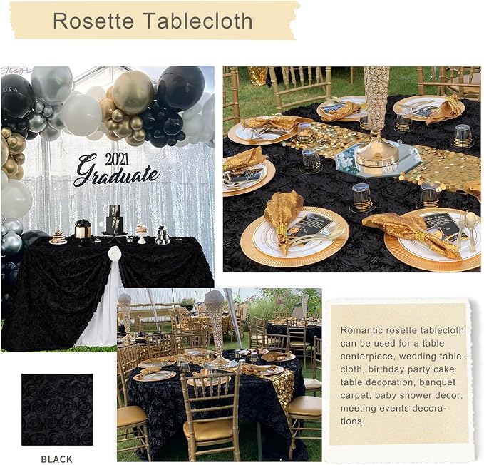 Fanqisi Black 3D Floral Satin Raised Rosettes Tablecloth Rectangular 50x102 Inches Rosette Tablecloth for Wedding Baby Shower Table Bridal Shower Meeting Events Decoration