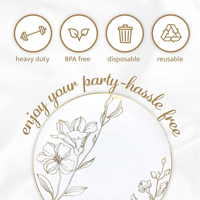 [9'' Plates 10 Count] White Plastic Floral Design Party Dinner Plates With Gold Rim Premium heavyweight Elegant Disposable Tableware Dishes