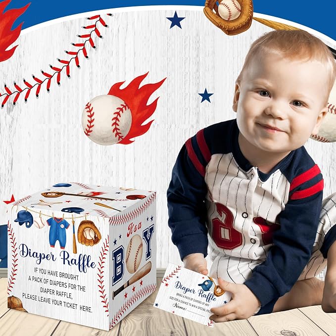 Teling 51 Pieces Diaper Raffle Tickets with Card Box Baby Shower Decorations Gender Reveal Holder Box for Girl Boy Diaper Raffle Party (Baseball, A Little Slugger is on the Way)