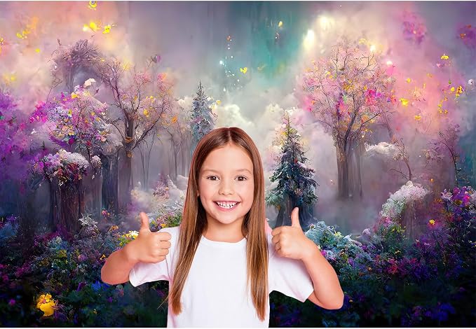 Magical Forest Backdrop Trees with Colorful Fog and Lights Photography Background Fairy Wonderland Mysterious Fantasy Forest with Lush Clouds Backdrop Decors Artist Portrait Background 12x8ft