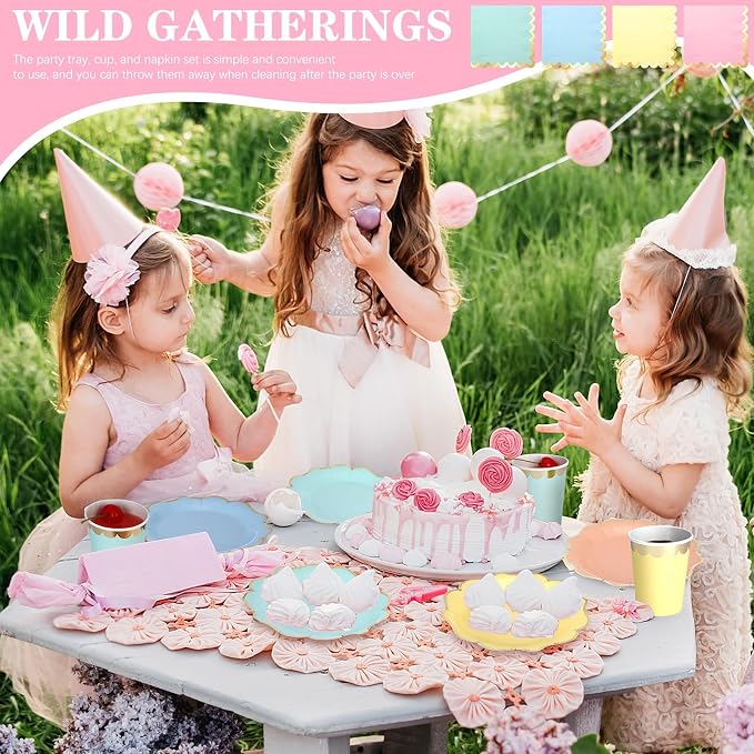 Yaomiao 168 Pcs Pastel Scalloped Paper Plates Cups Napkin with Gold Foil Pastel Party Disposable Dinnerware Set Easter Party Supplies Serve 24 Guests Macaron Princess Birthday Baby Shower Decorations
