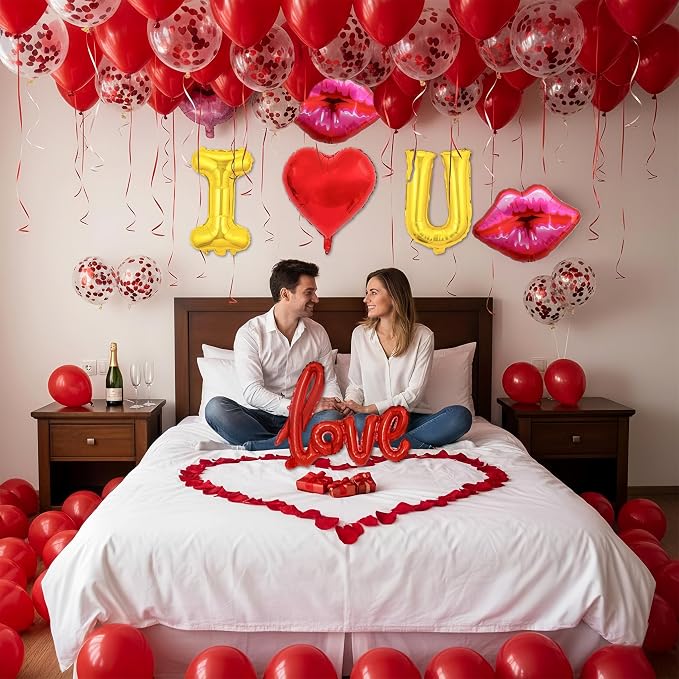 32 Inch I Love You Balloons Red Gold Balloon with Heart Shaped, lips, Love Foil Balloons and 1000 Pieces Rose Petals for Anniversary Valentine's Day Proposals Decorations
