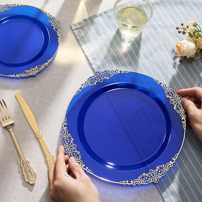 Goodluck 250 PCS Vintage Translucent Blue & Gold Rim Plastic Plates with Cutlery Set - Serves 50 - Heavy Duty Elegant Disposable Dinnerware for Baby Shower, Ocean Theme Party