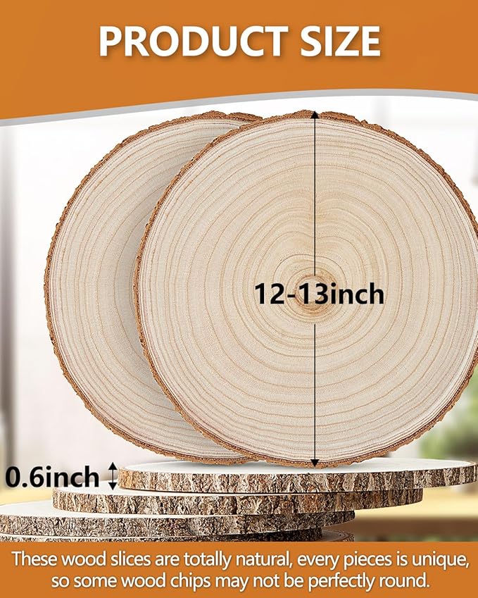 Set of (10) 12-13 Inches Large Wood Slices, Wood Centerpieces for Tables, Wood Slices for Centerpieces, Unfinished Wood Rounds for Wedding, Baby Shower, Party, Natural Paulownia Wooden Slabs