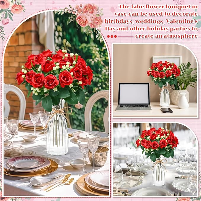 Zeyune 31 Pcs Rose Artificial Flowers with Vase Bulk for Table Centerpiece, 20 Bundles Fake Silk Roses 10 Plastic Clear Vase with 1 Pcs Rope Arrangement Decoration Wedding Home Party (Rose Red)