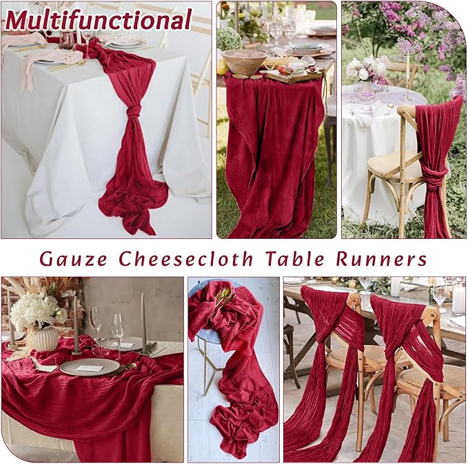 16Pack Burgundy Table Runner 10FT Burgundy Cheesecloth Table Runner 35x120Inch Long Boho Table Runners Rustic Gauze Table Runners for Party Wedding Bridal Shower Baby Shower Decorations